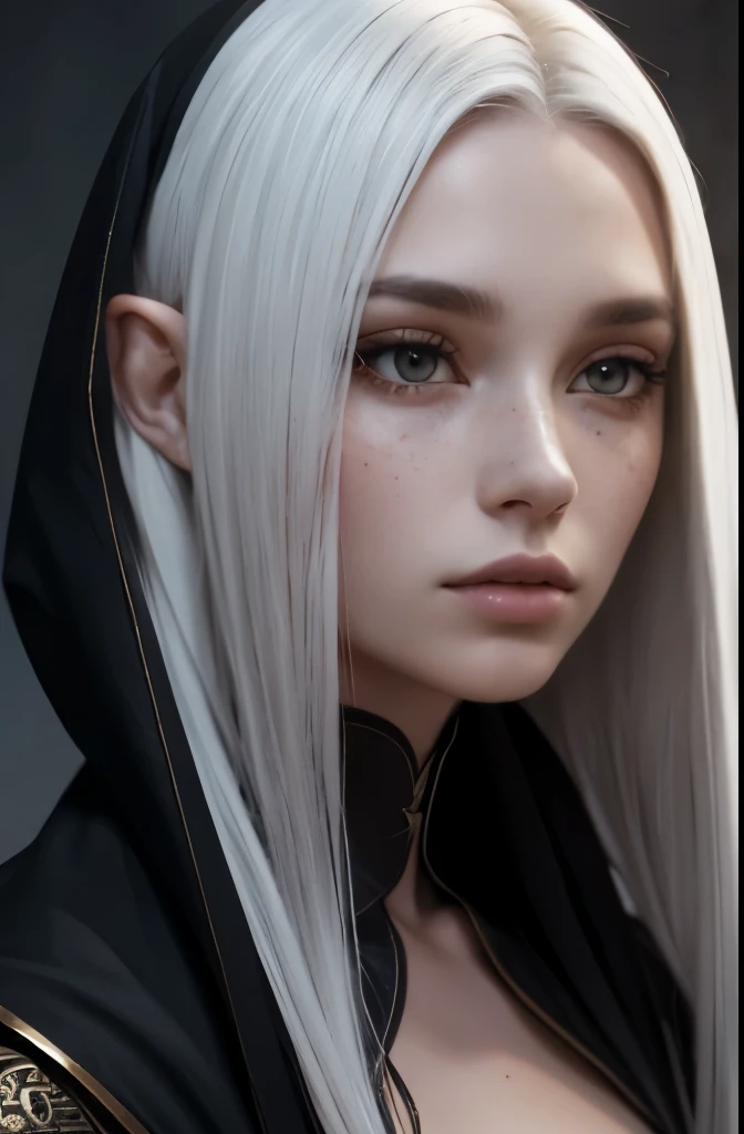 Portrait of a young dark and tender wizard in a fantasy setting. magrelo. tipo. friendly. macio. Very pale skin with freckles and liver spots. Cabelo castanho escuro. Corte inferior curto. laterais raspadas. Grandes olhos castanho-escuros arrebitados. sobrancelhas profundas. Sobrancelhas pequenas muito finas. Nariz longo e largo. Curved lips. Rosto longo e macio. queixo redondo. long neck. Corpo fino. roupa preta.
