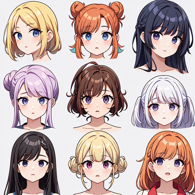 9 girls, white background,  different characters, multiple views, (Close up heads, portrait, mugshot), bra, bare shoulders, bikini, different hair colors, different hair styles, 
twin-tail hair style, 
pony-tail hair, wavy 
long hair, 
braid, 
parted bangs, 
high ponytail, 
low ponytail, 
big hair, cornrows, 
hair bun, 
hair rings, 
half updo hairstyle, 
diagonal bangs, 
two side up hair, 
flipped hair, 
blunt bangs, 

warm-toned hair colors, 
cool-toned hair colors, 
brown hair color, 
red hair color, 
yellow hair color, 
white hair color, 
purple hair color, 
blue hair color,