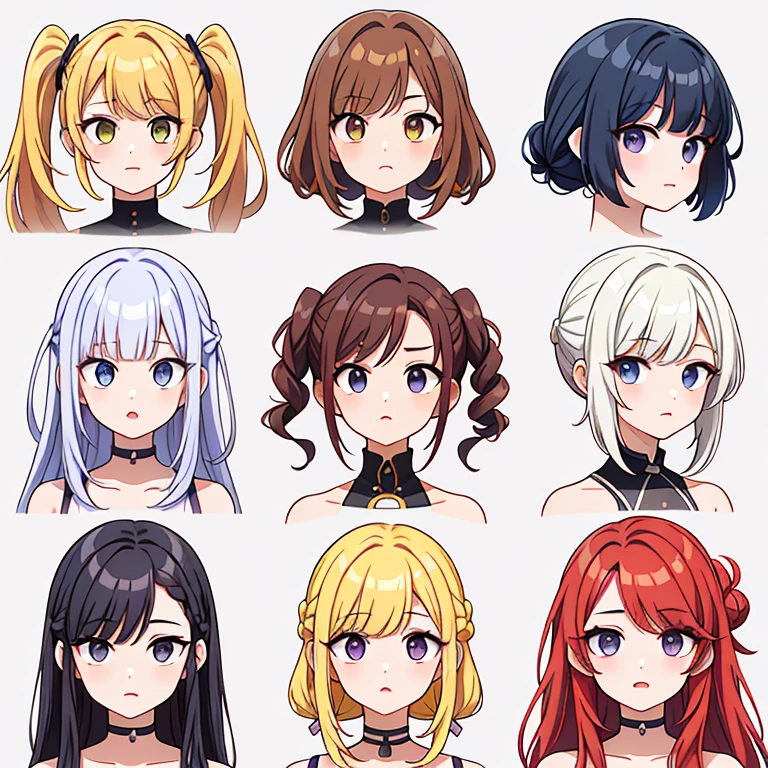 9 girls, white background,  different characters, multiple views, (Close up heads, portrait, mugshot), bra, bare shoulders, bikini, different hair colors, different hair styles, 
twin-tail hair style, 
pony-tail hair, wavy 
long hair, 
braid, 
parted bangs, 
high ponytail, 
low ponytail, 
big hair, cornrows, 
hair bun, 
hair rings, 
half updo hairstyle, 
diagonal bangs, 
two side up hair, 
flipped hair, 
blunt bangs, 

warm-toned hair colors, 
cool-toned hair colors, 
brown hair color, 
red hair color, 
yellow hair color, 
white hair color, 
purple hair color, 
blue hair color,