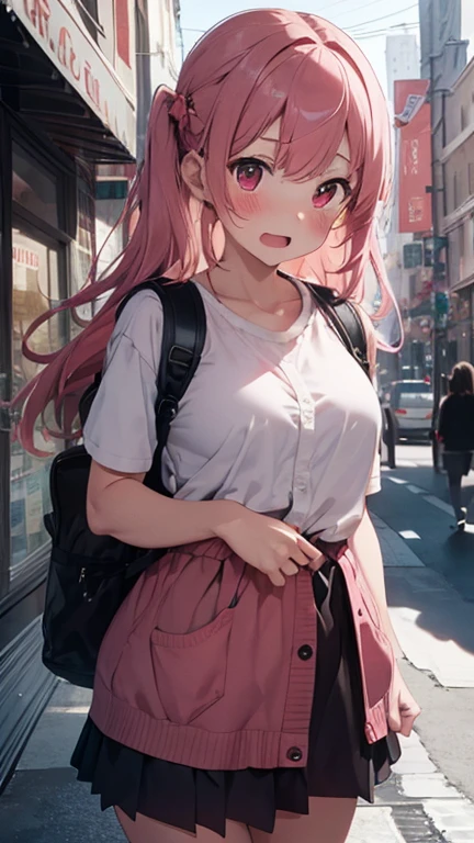 mastute piece,Best Quality,insanely detailed,8k cg,nsfw,
shoot upper body,(body in front:1.1),1girl,standing,looking at viewer,(red-randoseru-backpack on naked:1.3,bare:1.1),BREAK,blush,shy,ecstasy face,gasping,(trembling:1.2),pink hair,break,open mouth,city,
