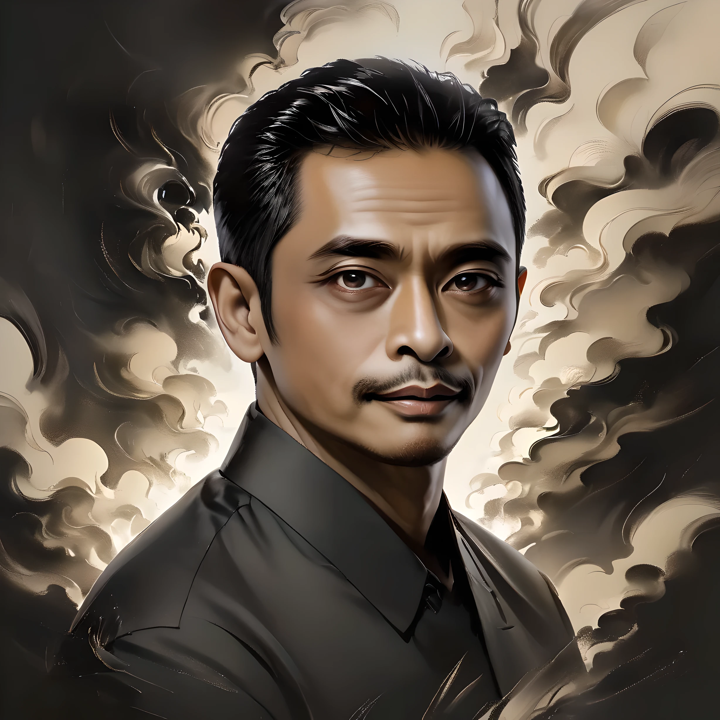 pencil Sketch of a cool indonesia man 45 years old, with short black hair,alluring, portrait by Charles Miano, ink drawing, illustrative art, soft lighting, detailed, more Flowing rhythm, elegant, low contrast, add soft blur with thin line, full lips, black eyes, brownclothes,CEO