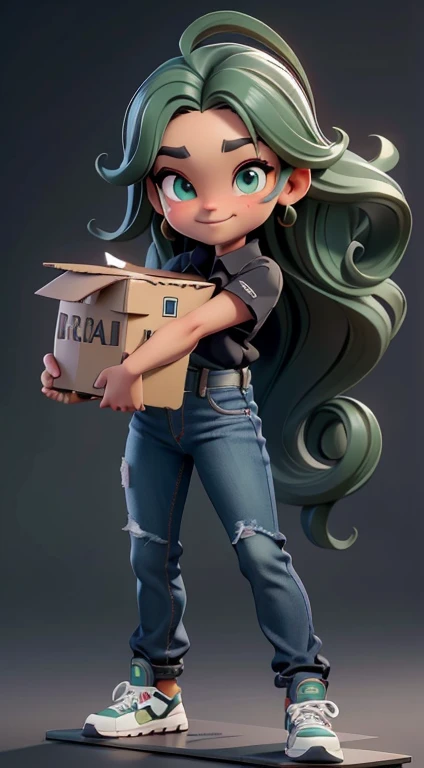 obra de arte, Melhor qualidade, rosto detalhado, olhos detalhados, sharp focus, 3D rendering. corpo todo, uma linda garota chibi, Sorriso fofo, ((tom de pele bronzeado)), cabelo verde curto, ondulado , moleca, forma corporal esbelta, roupa preta, top preto, Camisa de manga longa, (((jeans de fundo largo))), Large Sneakers, (((formal poses holding cardboard box))), (foco facial:1.3).