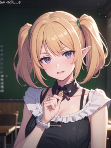 chloe,(masterpiece), (highest quality) , (super detailed), shine, shine光, ray tracing, Depth of the bounds written, (perfect face, detailed face, fine eyes,perfect hand :0.7),(8k),super realistic face,ray tracing,perfect lighting,highest quality, super detailed, shine目, (look at the audienceいる,smile:1.1), ((1 girl)), (mature woman:1.4), classroom,1 girl、solo、chest、look at the audience、blush、bangs、chloe(princess connect)、princess connect、pointy ears、elf、twin tails、blonde hair、purple eyes,((super detailed背景)), mistress pose, ((8k wallpaper)) , smile, blush, outdoor, Day, blue sky, empty, look at the audienceいる, moody lighting, face-to-face audience,