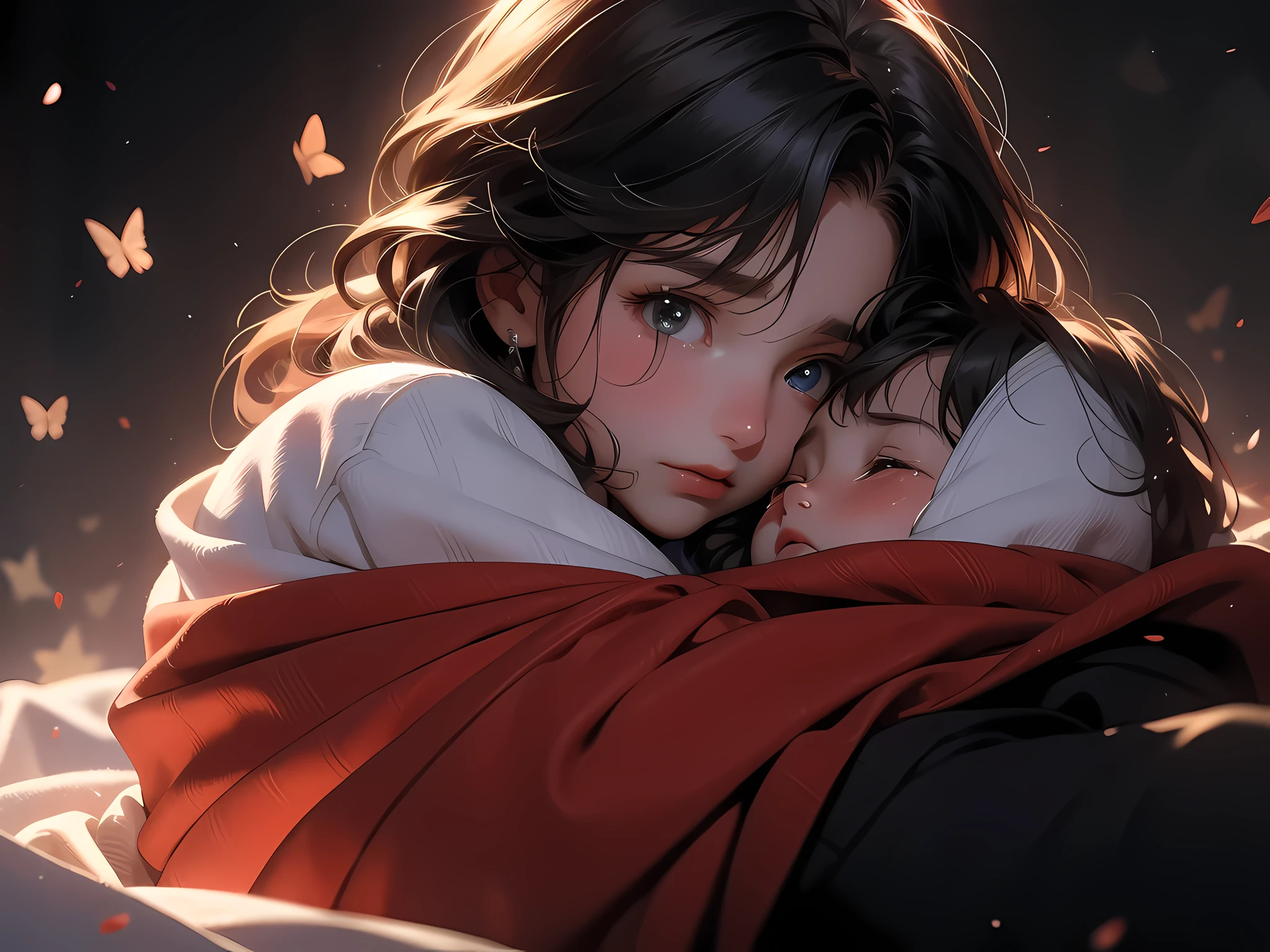 HD,8k,,curled up in mother's arms,Fear,shed tears