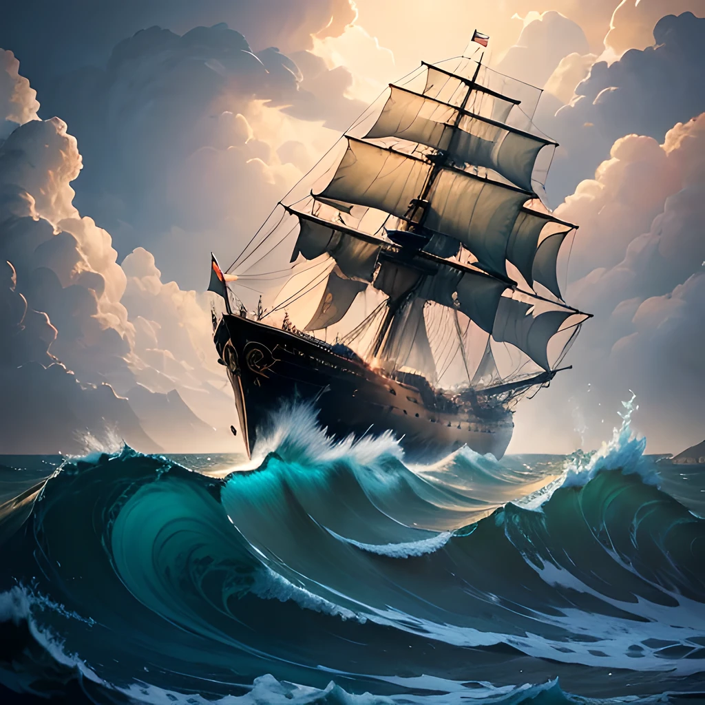 Oil painting masterpiece of a towering ship battling through turbulent seas, reminiscent of the awe-inspiring works by Thomas Moran and Frederic Edwin Church. With meticulous attention to detail, the intricate deck lines, sails and rigging are brought to life. Dramatic lighting illuminates the ship's hull, casting long shadows on the heaving waves. The stormy sky above is a canvas of swirling clouds and electric bolts, reflecting in the tumultuous waters below.