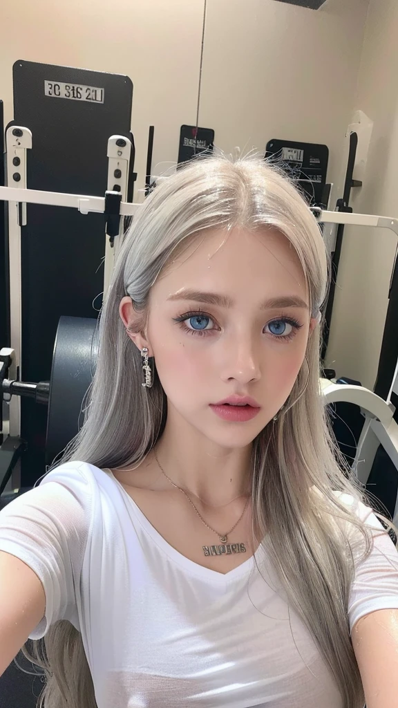 1 beautiful beautiful woman - Scandinavian European appearance (looks like the most beautiful Swedish girl), ((top quality, 8K, Masterpiece:1.retty woman, 1 woman, huge :1.3, a slim body:1.1, lush WHITE NIVEOUS long hair, (shower, wet body, wet clothes:1.1), very detailed face, detailed lips, detailed eyes, double eyelids, Detailed blue eyes, Detailed Outstanding Blue Eyes, WHITE NIVEOUS wet hair, WHITE NIVEOUS wet hair, Detailed Outstanding Blue Eyes, innocent look at the viewer, very wet wavy White hair, Detailed Outstanding Blue EYES, huge chest tattoo, detailed huge earrings, chest tattoo, In the gym, gym equipment behind, sexy gi exercising behind, she is wearing oversized t-shirt, reality mode, wet breasts, bcklace, the dress is absolutely translucent, sexy pose, white y lingerie, seen-ough nipples, she is wettingof white snowy colour, snowy niveous white hair, the whitest hair ever (existed), WHITE HAIR