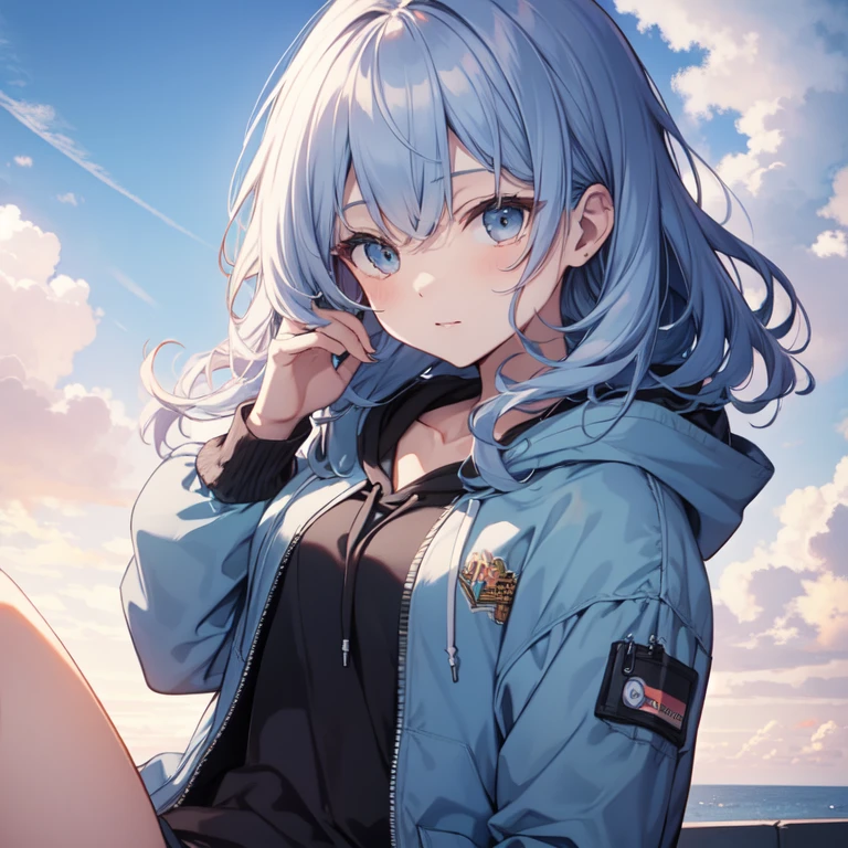 highest quality、masterpiece、8K、null、frills、hoodie、cloud、Light blue curly hair、