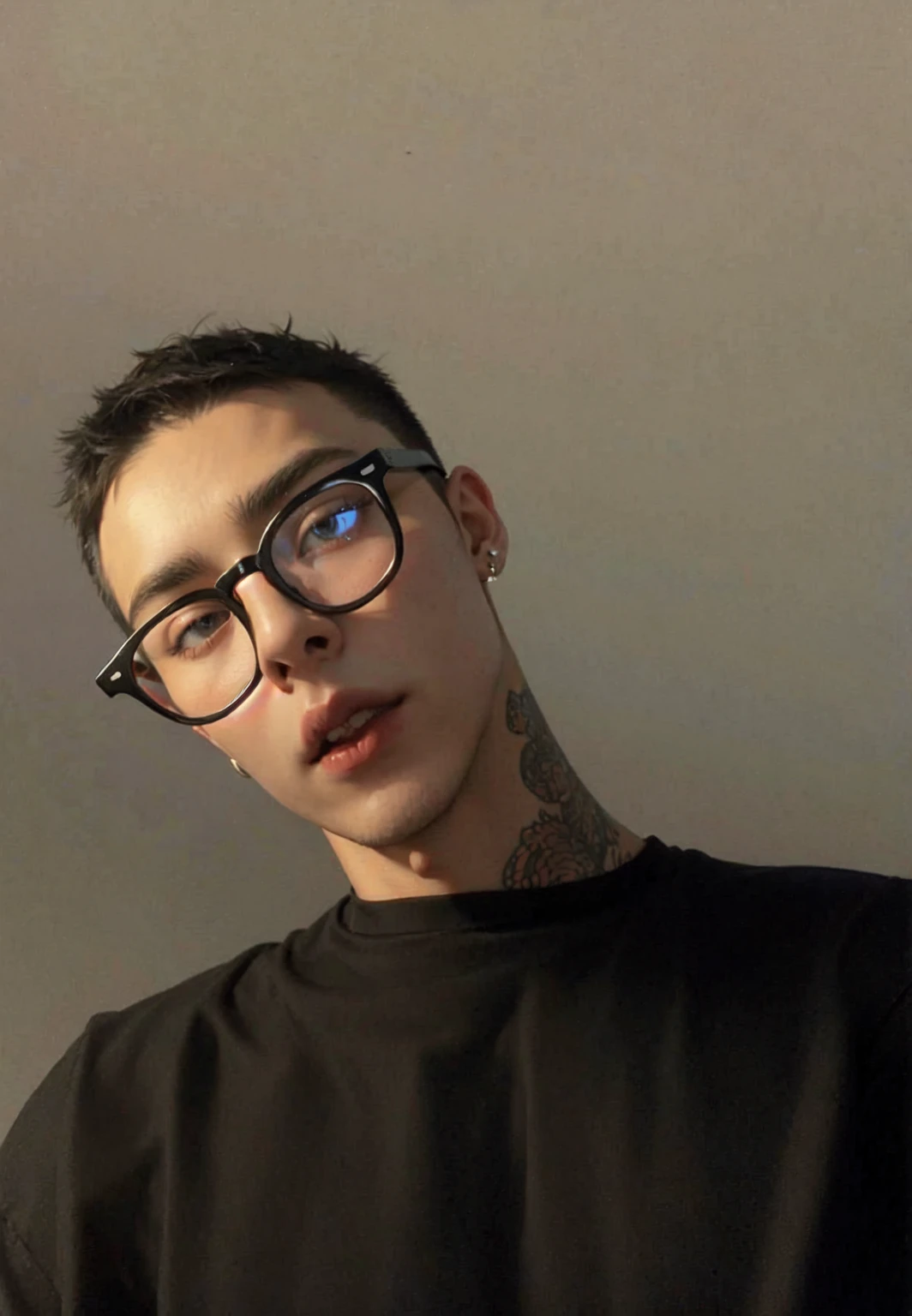 there is a man with glasses and a black shirt taking a selfie, 18 years old, 21 years old, 2 2 years old, 2 3 years old, twitch streamer / gamer ludwig, 2 7 years old, androgynous person, headshot profile picture, androgynous male, halfbody headshot, around 1 9 years old, jungkook jeon, jk  jungkook, jungkook de bts