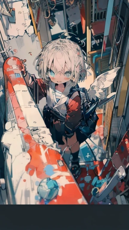 #Quality(8k,best quality,masterpiece,cinematic),solo, #1 girl(cute, kawaii,,skin color white,smile face,hair floating,hair color blond,short bob hair,eye color cosmic,big eyes,black sailor uniform,walking,view from above,long shot),#background(outside,messy slum,view from above,long shot,long view)