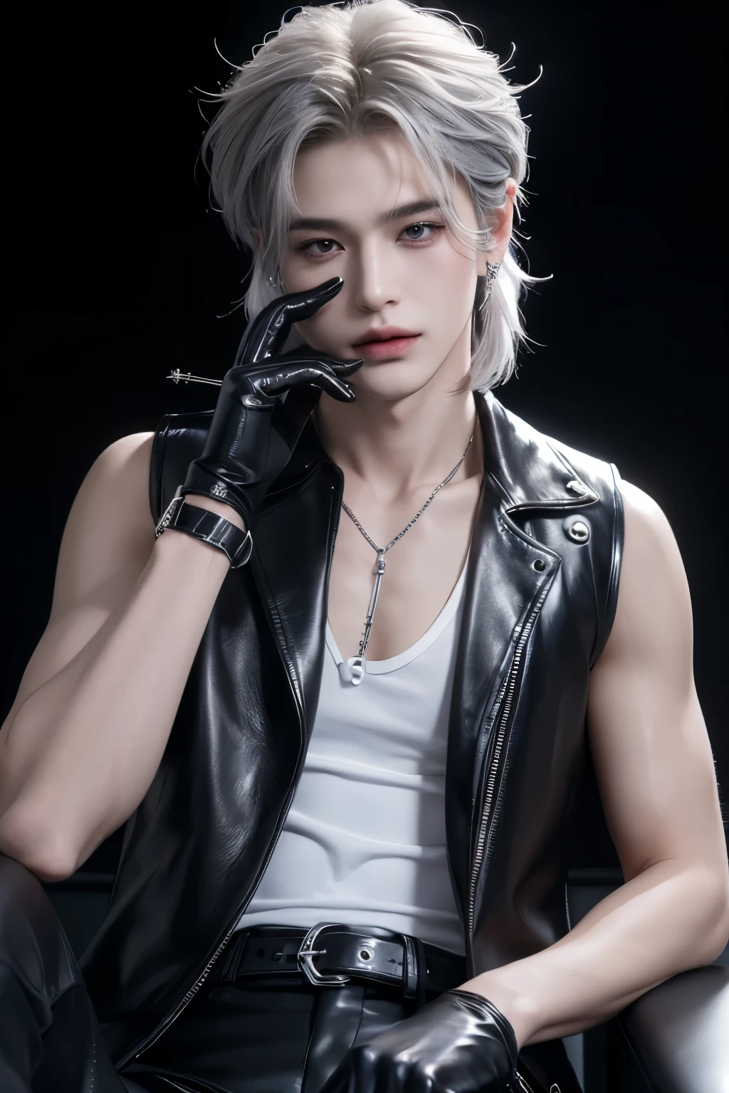 ((highest quality, 8K, masterpiece: 1.3)), Handsome boy from a visual kei band:1.5, 20-year-old、Delinquent boy、 well-groomed face, silver hair color、thin face、（white skin:1.5）、silver eyes、boy with makeup、Super handsome、Extra-fine face, handsome nose, small eyes and face, beautiful lighting, High resolution, detailed mouth, smile, whole body: 1.5, perfect body shape、slim，Midial Hair、pointed hair set、white tank top、black vest、Chrome hearts、leather pants、leather belt、Silver earrings、leather gloves、lip piercing