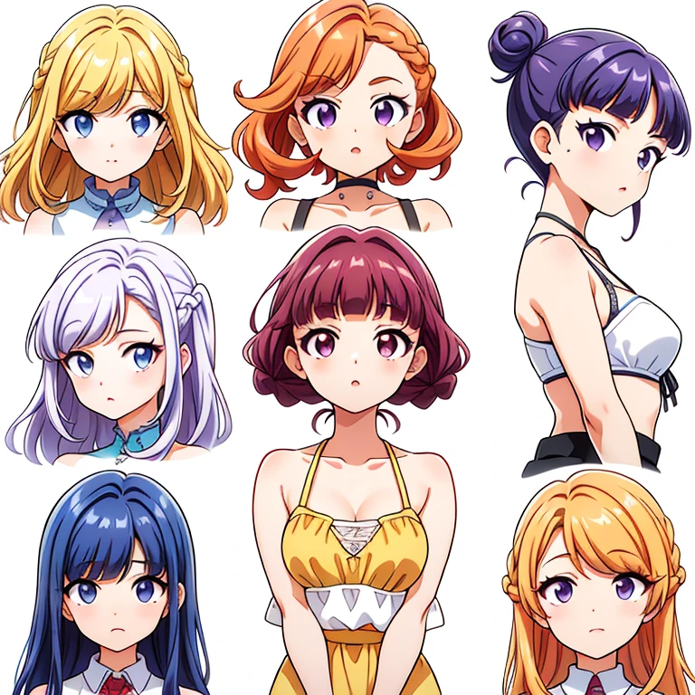 9 girls, white background,  different characters, multiple views, (Close up heads, portrait, mugshot), bra, bare shoulders, bikini, different hair colors, different hair styles, 
twin-tail hair style, 
pony-tail hair, wavy 
long hair, 
braid, 
parted bangs, 
high ponytail, 
low ponytail, 
big hair, cornrows, 
hair bun, 
hair rings, 
half updo hairstyle, 
diagonal bangs, 
two side up hair, 
flipped hair, 
blunt bangs, 

warm-toned hair colors, 
cool-toned hair colors, 
brown hair color, 
red hair color, 
yellow hair color, 
white hair color, 
purple hair color, 
blue hair color,