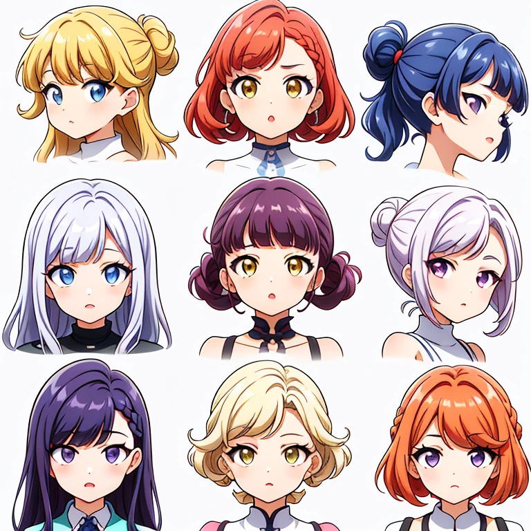 9 girls, white background,  different characters, multiple views, (Close up heads, portrait, mugshot), bra, bare shoulders, bikini, different hair colors, different hair styles, 
twin-tail hair style, 
pony-tail hair, wavy 
long hair, 
braid, 
parted bangs, 
high ponytail, 
low ponytail, 
big hair, cornrows, 
hair bun, 
hair rings, 
half updo hairstyle, 
diagonal bangs, 
two side up hair, 
flipped hair, 
blunt bangs, 

warm-toned hair colors, 
cool-toned hair colors, 
brown hair color, 
red hair color, 
yellow hair color, 
white hair color, 
purple hair color, 
blue hair color,