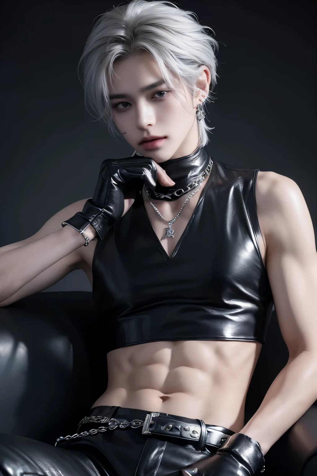 ((Best quality)), ((masterpiece)), (detailed), ((perfect face)), ((half of the body)) perfect proportions, he's a bad boy, 18 years old, he has disheveled long silver hair pulled back in a ponytail, green eyes, badass, he's sexy, He has a lot of piercings, he wears black skin, he has tattoos on his arms, he wears tight trousers and army boots, he wears accessories with spikes. It's against the background of a night city ((perfect to do)) The whole body+
