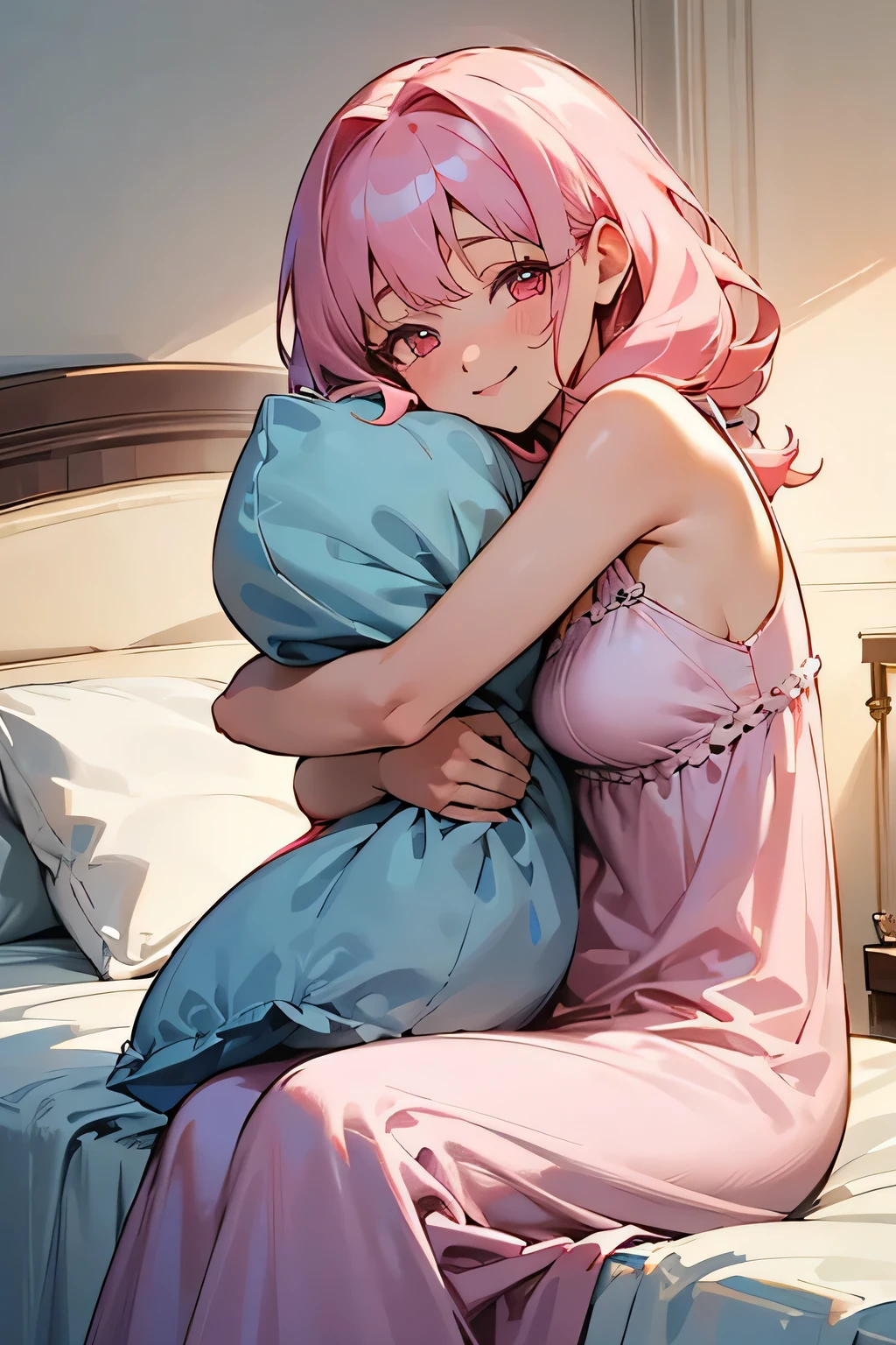 ((best quality)), ((masterpiece)) female, solo, long light pink hair, slightly curly, pink eyes, innocent, teen, medium breasts, sleeveless white nightgown, sitting on the bed, hugging a pillow, and smiling sweetly and lightly.