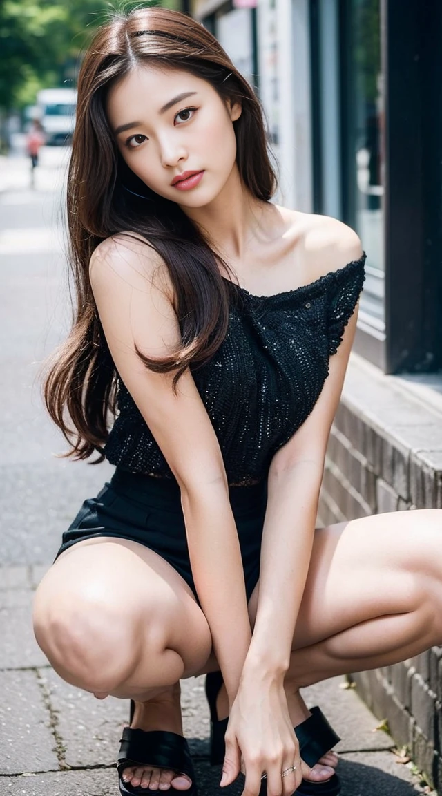 dark brown hair、light brown eyes、Japanese actress face、 lady、I'Iは彼とIが好きです'I'Iは40歳くらいです.、(intricate details:1.2)、(which one is the top?:1.4)、 (ultra high resolution:1.2)、ultra high resolution、(finely tuned)、(detailed facial features)、nffsw、8K resolution、D cup size breasts、long hair、up hairstyle, up hair、bun hair、1 girl, A look of deep sadness, (Highly detailed beautiful face), (blackのカットソーキャミソール:1.5),black close-fitting shorts、 (bare shoulders:1.3), (highest quality:1.4), (Super detailed)、beautiful fair skin, Angle from above、 spread your legs wide, open your mouth a little、Visible legs、Pose of Weakness、obscene pose、Street fashion、very sandals、