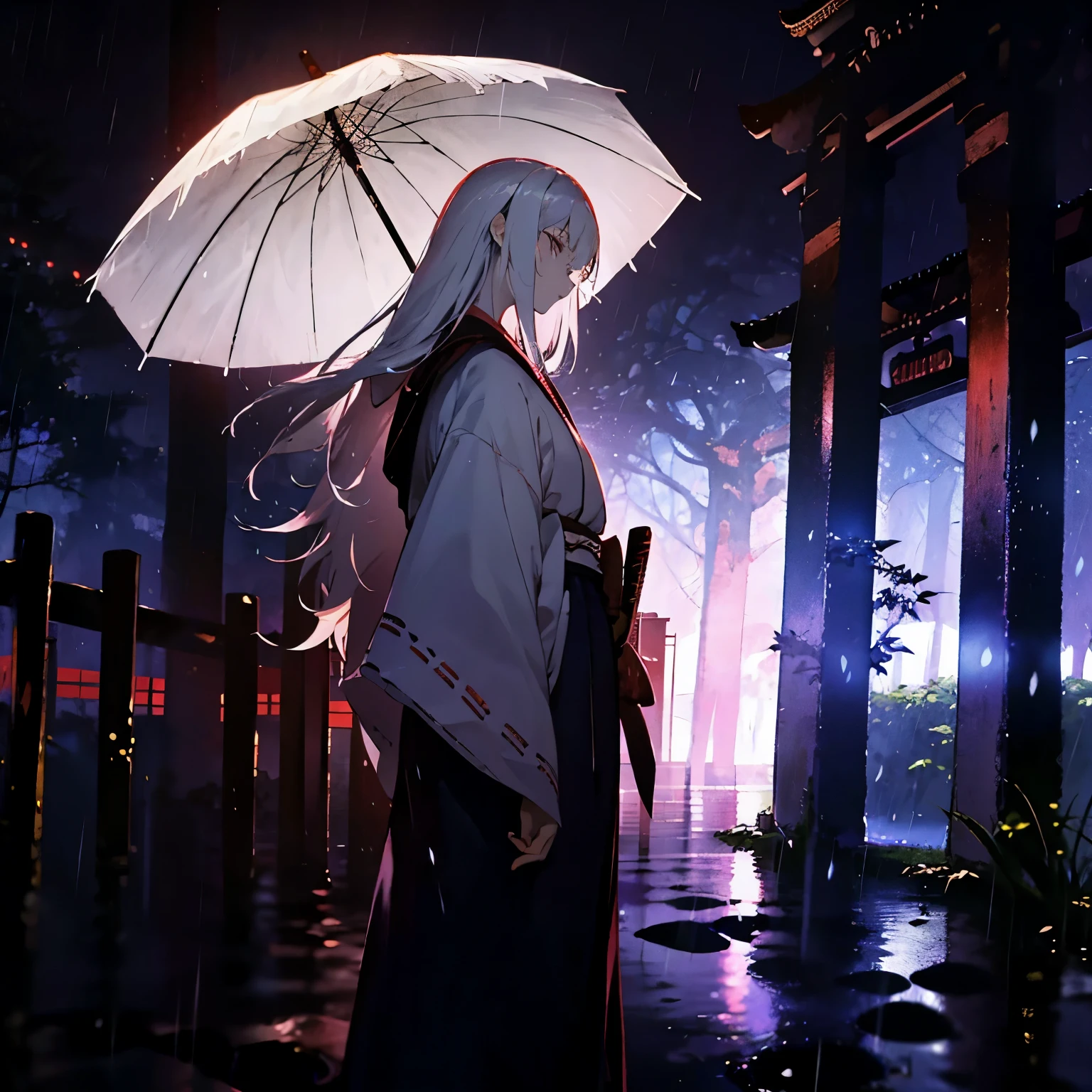 best quality, female, samurai, sad, carry a sword, shade, shedding tears, standing, looking back, semi long white hair, silver eyes, sanpaku, pale skin, tall, japanese clothes, 20-year-old, japanese, Sad Scene, at night, outside, with rain