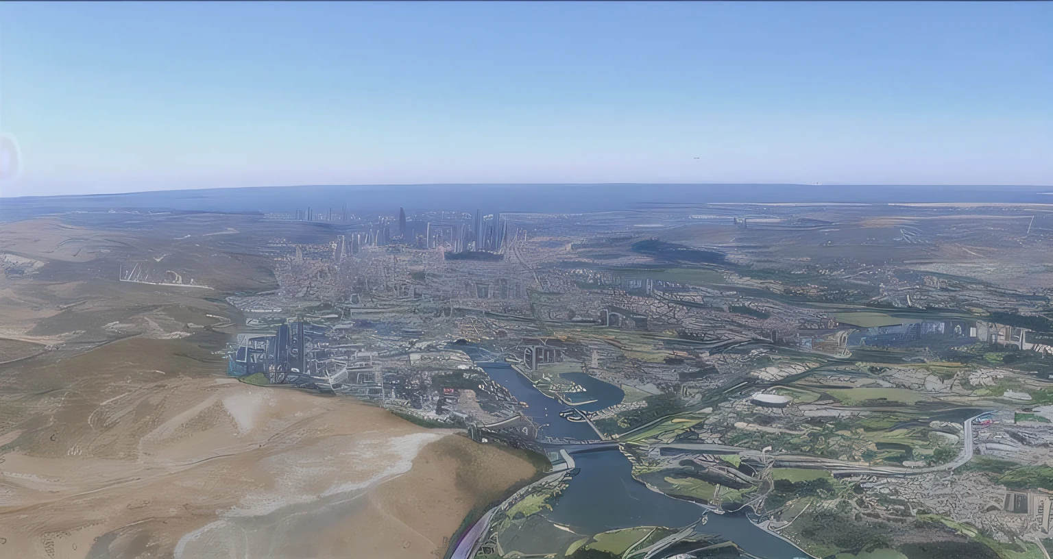 Luftaufnahme einer Stadt, through which a river flows, ganze Stadt im Blick, 8k hyperdetailliertes Bild, hochrealistisch detailliert, rendered in 32k huhd, fly over a city, floating above a dense city, 8 k sehr hohe Details, ganze Stadt sichtbar, super sehr detailliert, sehr detailliert!, Stadtpanorama, Spacious, detaillierte, geschichtete Stadt