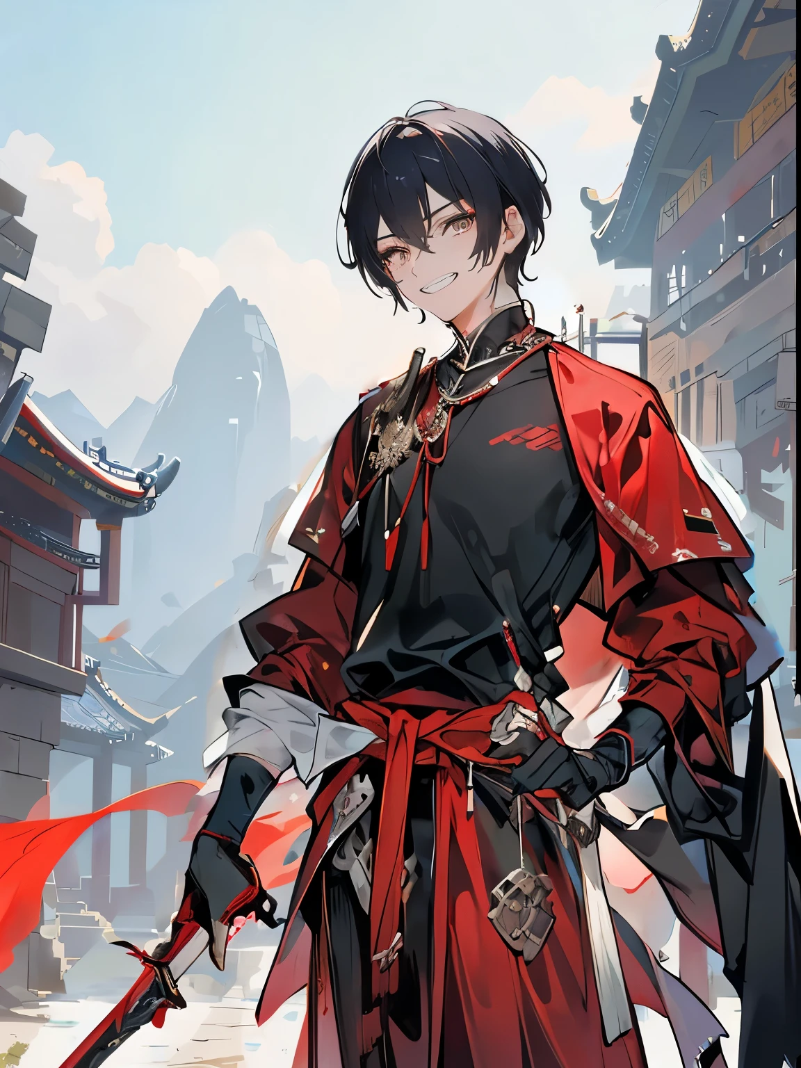 Red costume coat，Sword Man，Antique Warrior，Bundle sleeves，Black undershirt，Antique pants，A sword is pinned to his waist