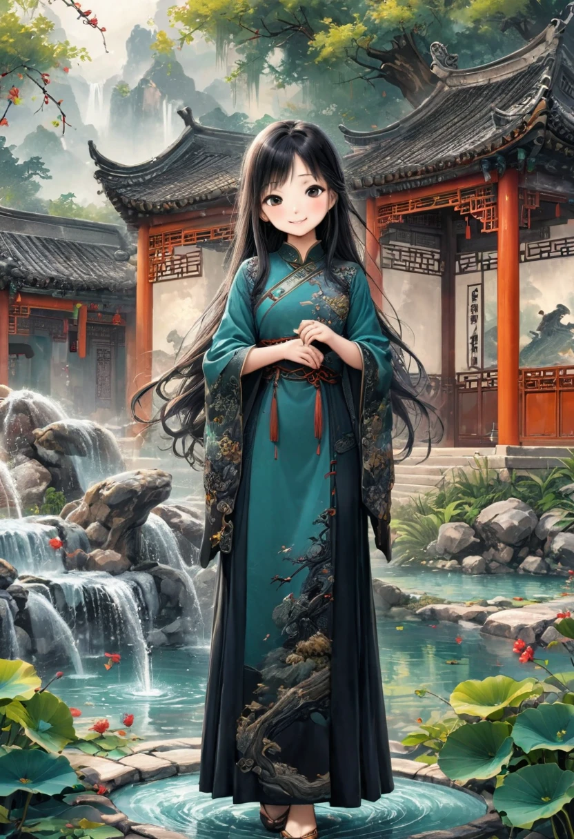 girl, Fountain, long Dress, long hair, smile, ink style, chinese style, (masterpiece, best quality, perfect composition, very aesthetic, absurdres, ultra-detailed, intricate details, Professional, official art, Representative work:1.3), (Animagine:0.01)