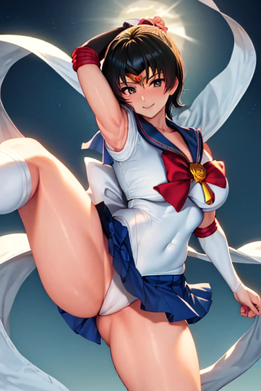 masterpiece, best quality, beautiful art, high resolution, well formed hands, body and fingers, 1 woman, solo, Iroha Samurai Shodown, adult, big breasted, cleavage , full body, wearing a Sailor Moon outfit,, gorgeous legs and thighs, sexy sailor senshi uniform, sailor collar, blue skirt, pigtails, elbow gloves, ,skirt lifted by the wind, white leotard peeking, dancing seductively and erotically, smiling joyfully, looking at the viewer, flirting, beach environment 