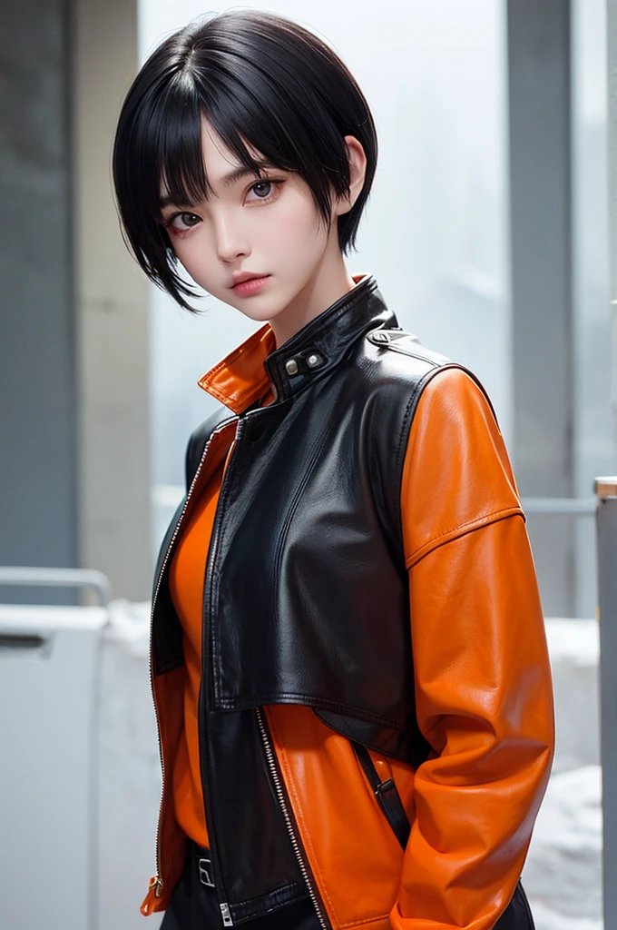 one woman、Facing the viewer head-on、The whole body is shown、background is white、Bicolor hair color、Woman wearing an orange shirt and black leather jacket、adult woman、short hair with bangs、short hair、snow white cut hairstyle、No exposure、