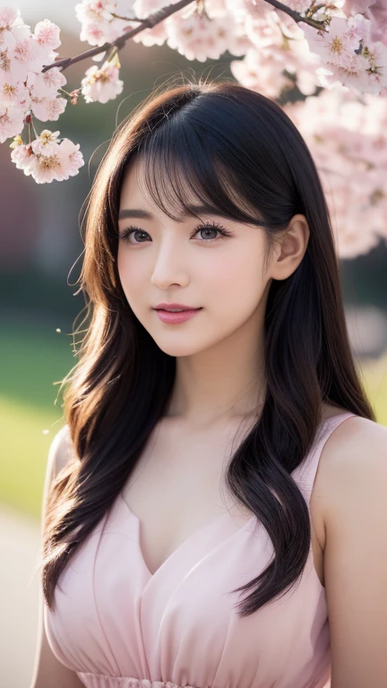 (logo、masterpiece、8K、table top、Raw photo、wonderful、最high quality、Photorealistic and very detailed CG integrated 8k wallpaper、high quality、very detailed、narrative poem、particle effects、dynamic effects、Depth of the bounds written、cinematic light、Lens flare、ray tracing)、fantasy、 (1 beautiful woman、looking at the camera、see through dress、cherry blossom pattern、black haired、beautiful face、real face、beautiful details eyes beautiful skin)、my hair dances in Wind、Hair flutters in Wind、hair bounces、pink cherry tree、petals dance、SakuraFubuki、Spectacular view、sunrise、sun on background、Wind、