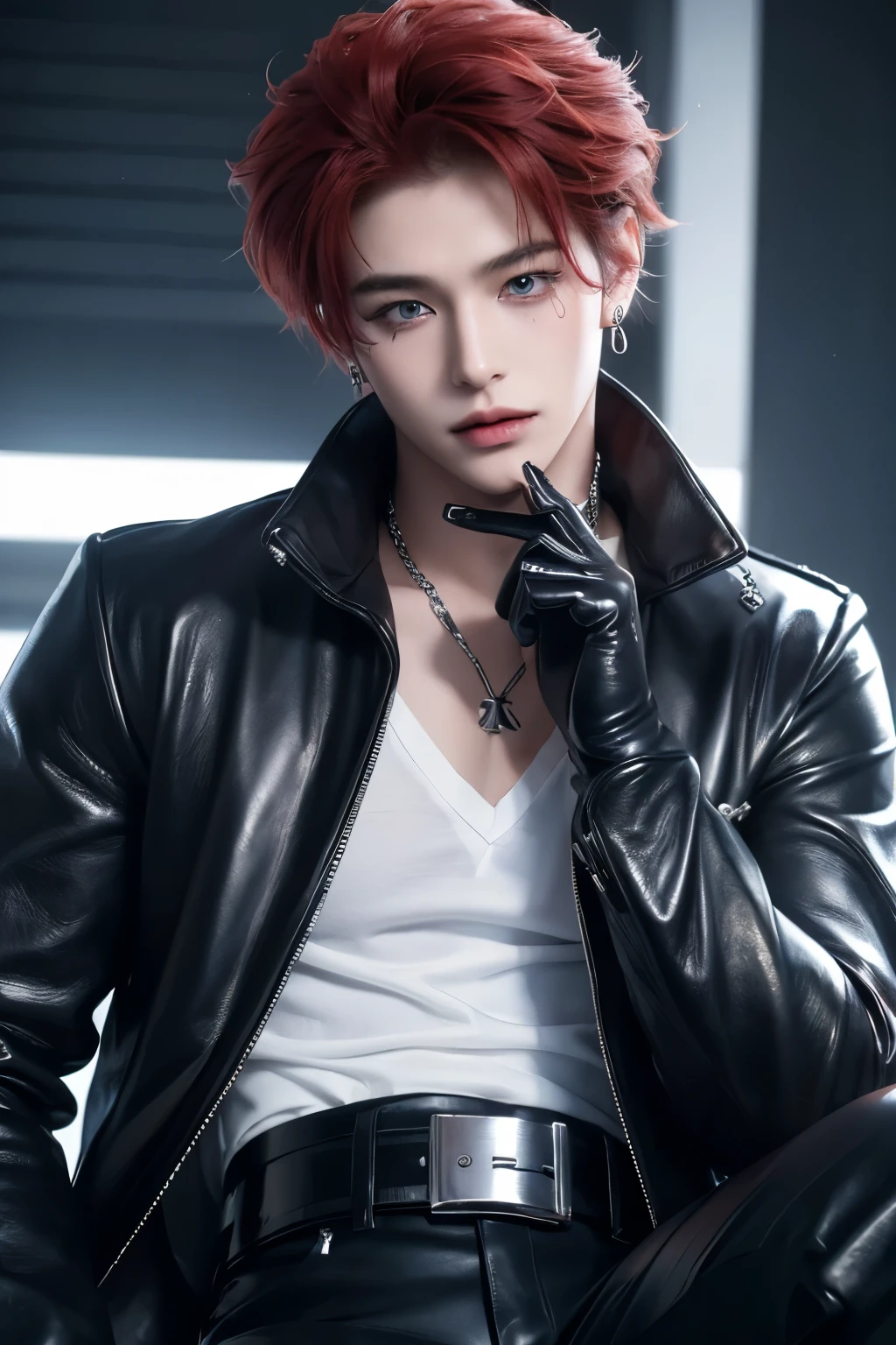 ((highest quality, 8K, masterpiece: 1.3)), Handsome boy from a visual kei band:1.5, 20-year-old、Delinquent boy、 well-groomed face, Red hair color、thin face、(white skin:1.5)、blue eyes、boy with makeup、Super handsome、Extra-fine face, handsome nose, small eyes and face, beautiful lighting, High resolution, detailed mouth, smile, whole body: 1.5, perfect body shape、super slim,Midial Hair、pointed hair set、white shirt、Chrome hearts、leather pants、leather belt、Silver earrings、leather gloves、lip piercing