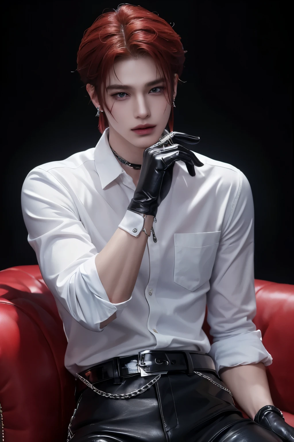 ((highest quality, 8K, masterpiece: 1.3)), Handsome boy from a visual kei band:1.5, 20-year-old、Delinquent boy、 well-groomed face, Red hair color、thin face、（white skin:1.5）、blue eyes、boy with makeup、Super handsome、Extra-fine face, handsome nose, small eyes and face, beautiful lighting, High resolution, detailed mouth, smile, whole body: 1.5, perfect body shape、super slim，Midial Hair、pointed hair set、white shirt、Chrome hearts、leather pants、leather belt、Silver earrings、leather gloves、lip piercing