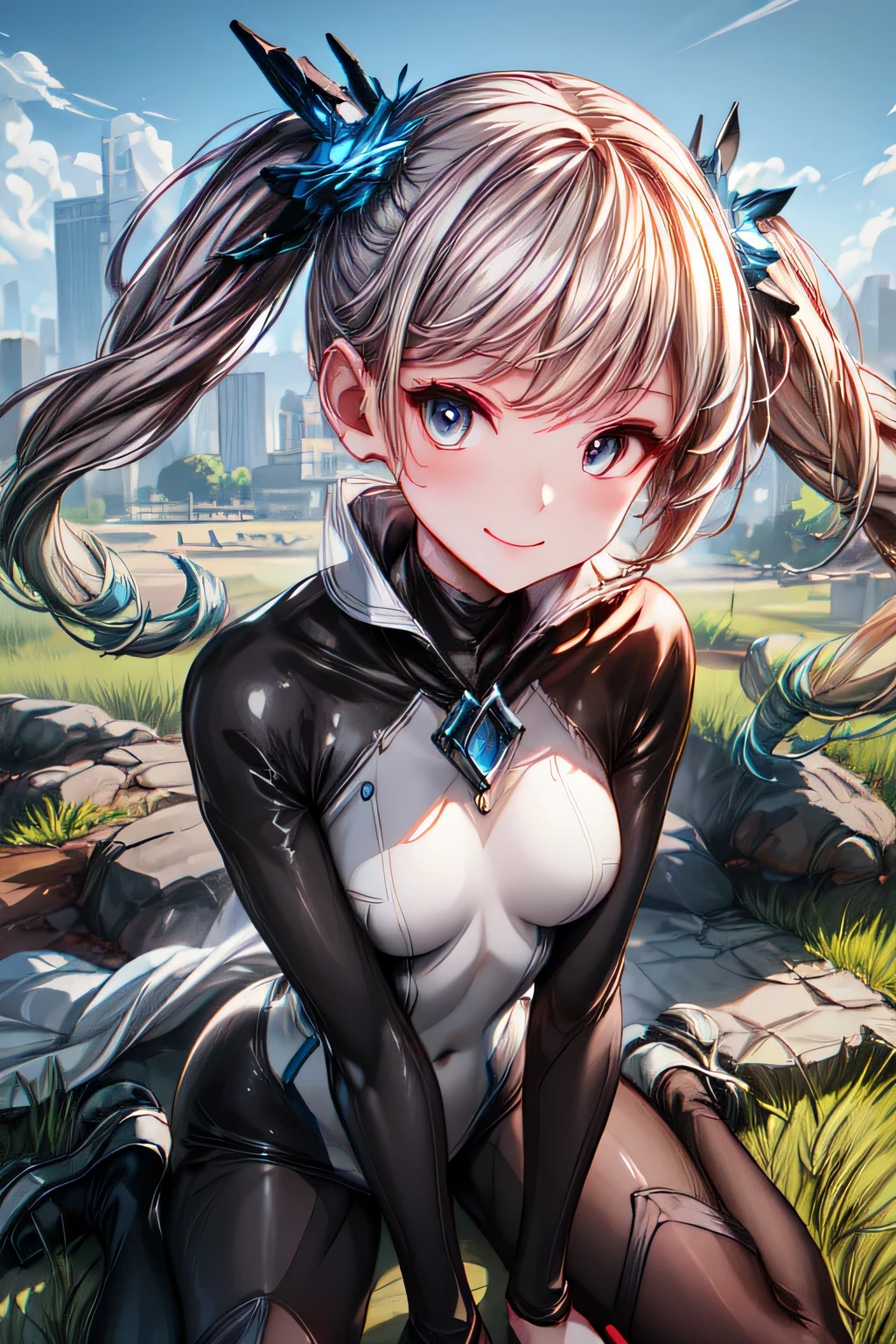 ioeuclase, hair ornament, wariza,grass,sky,smile, intricate eyes,beautiful detailed eyes,symmetrical eyes,big eyes:1.5, skinbodysuit, bodysuit.