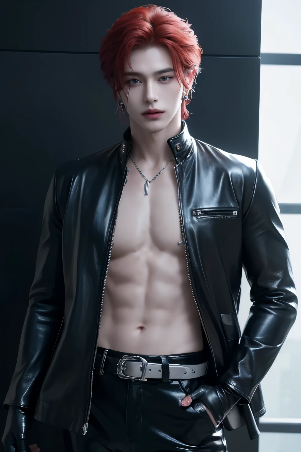 ((highest quality, 8K, masterpiece: 1.3)), Handsome boy from a visual kei band:1.5, 20-year-old、Delinquent boy、 well-groomed face, Red hair color、thin face、(white skin:1.5)、blue eyes、boy with makeup、Super handsome、Extra-fine face, handsome nose, small eyes and face, beautiful lighting, High resolution, detailed mouth, smile, whole body: 1.5, perfect body shape、super slim,Midial Hair、pointed hair set、white shirt、Chrome hearts、leather pants、leather belt、Silver earrings、leather gloves、lip piercing