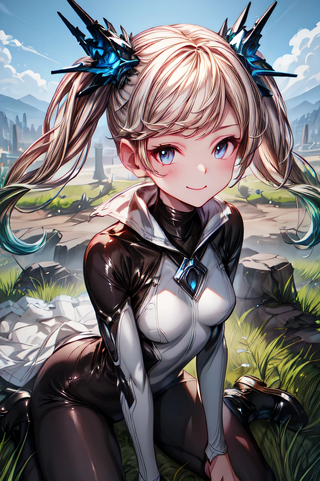 ioeuclase, hair ornament, wariza,grass,sky,smile, intricate eyes,beautiful detailed eyes,symmetrical eyes,big eyes:1.5, skinbodysuit, bodysuit.