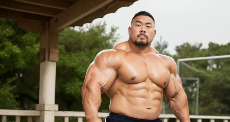 (at rugby ground:1.4), Japanese man, Chinese man, Korean man, Taiwanese man, manly face, fat face, (round face:1.4), (monolid eyes:1.2), (buzz cut:1.4), very large and strong body, bulky body, beefy muscles, (bulging muscles:1.4), (very large pectoral muscles:1.4), (muscular arms:1.4), muscular abs, muscular legs, muscular back, brightens oily skin, master piece, (realistic:1.4), panorama, distant view