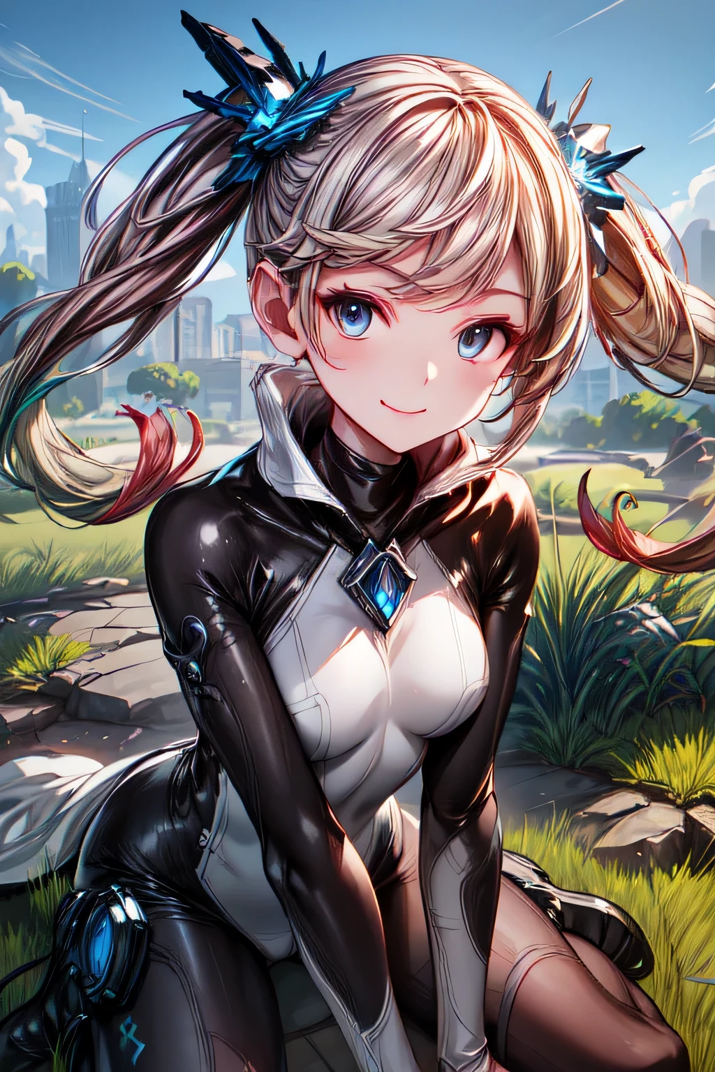 ioeuclase, hair ornament, wariza,grass,sky,smile, intricate eyes,beautiful detailed eyes,symmetrical eyes,big eyes:1.5, skinbodysuit, bodysuit.