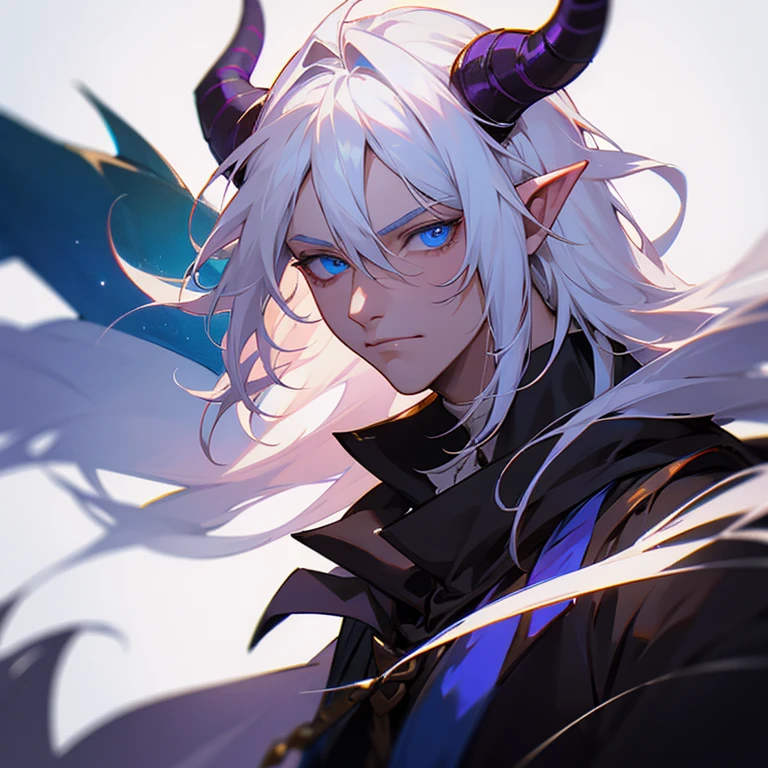 Race tiefling, man , white hair, blue eyes, handsome, bard, dungeons and dragons,  horns