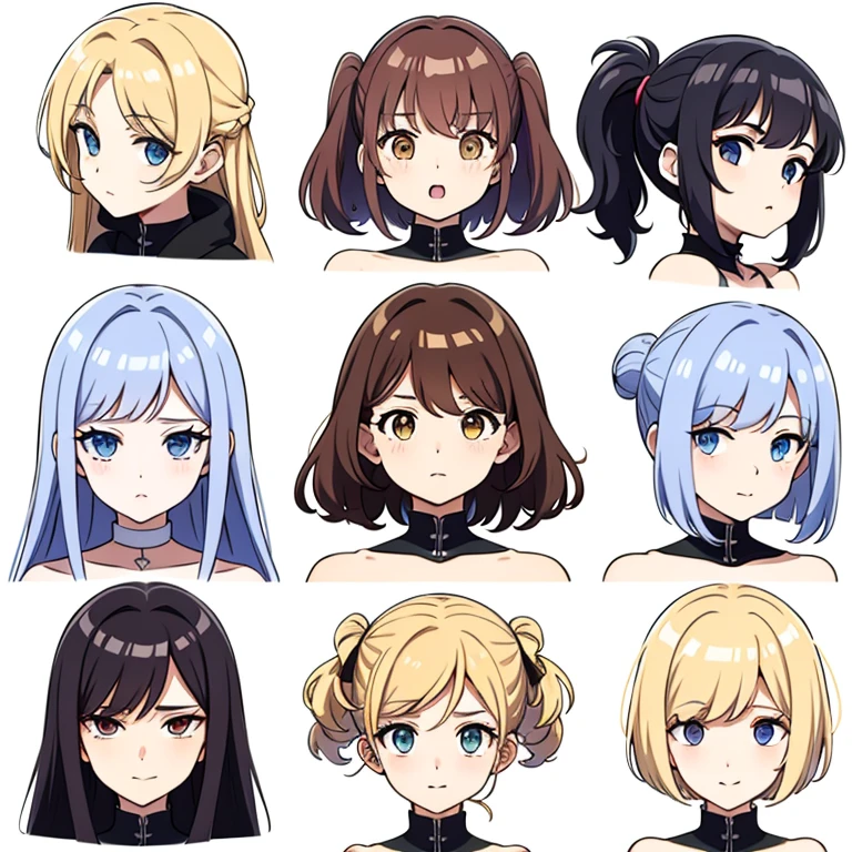 9 girls, white background,  different characters, multiple views, (Close up heads, portrait, mugshot), bra, bare shoulders, bikini, different hair colors, different hair styles, 
twin-tail hair style, 
pony-tail hair, wavy 
long hair, 
braid, 
parted bangs, 
high ponytail, 
low ponytail, 
big hair, cornrows, 
hair bun, 
hair rings, 
half updo hairstyle, 
diagonal bangs, 
two side up hair, 
flipped hair, 
blunt bangs, 

warm-toned hair colors, 
cool-toned hair colors, 
brown hair color, 
red hair color, 
yellow hair color, 
white hair color, 
purple hair color, 
blue hair color,