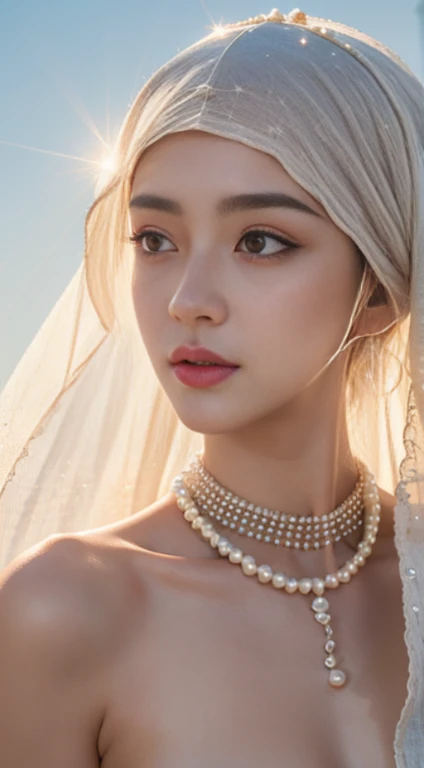 nsfw, (((topless))),,Dilraba Dilmurat, hijab, jilbab, muslim face mask, mouth veil, freckles, eyes mascara, masterpiece, best quality, photorealistic, glowing sparkly skin, soft lighting, voluptuous, windy desert, blowing swirling sand grains, sunny backlighting, bloom, light sparkles, sharp focus, colorful liquid gel rain, close up, fashion designer, resplendent tiny pearls necklace, Halloween pumpkin theme background, baroque