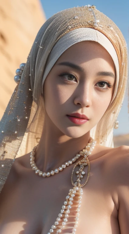 nsfw, (((topless))),,Dilraba Dilmurat, hijab, jilbab, muslim face mask, mouth veil, freckles, eyes mascara, masterpiece, best quality, photorealistic, glowing sparkly skin, soft lighting, voluptuous, windy desert, blowing swirling sand grains, sunny backlighting, bloom, light sparkles, sharp focus, colorful liquid gel rain, close up, fashion designer, resplendent tiny pearls necklace, baroque