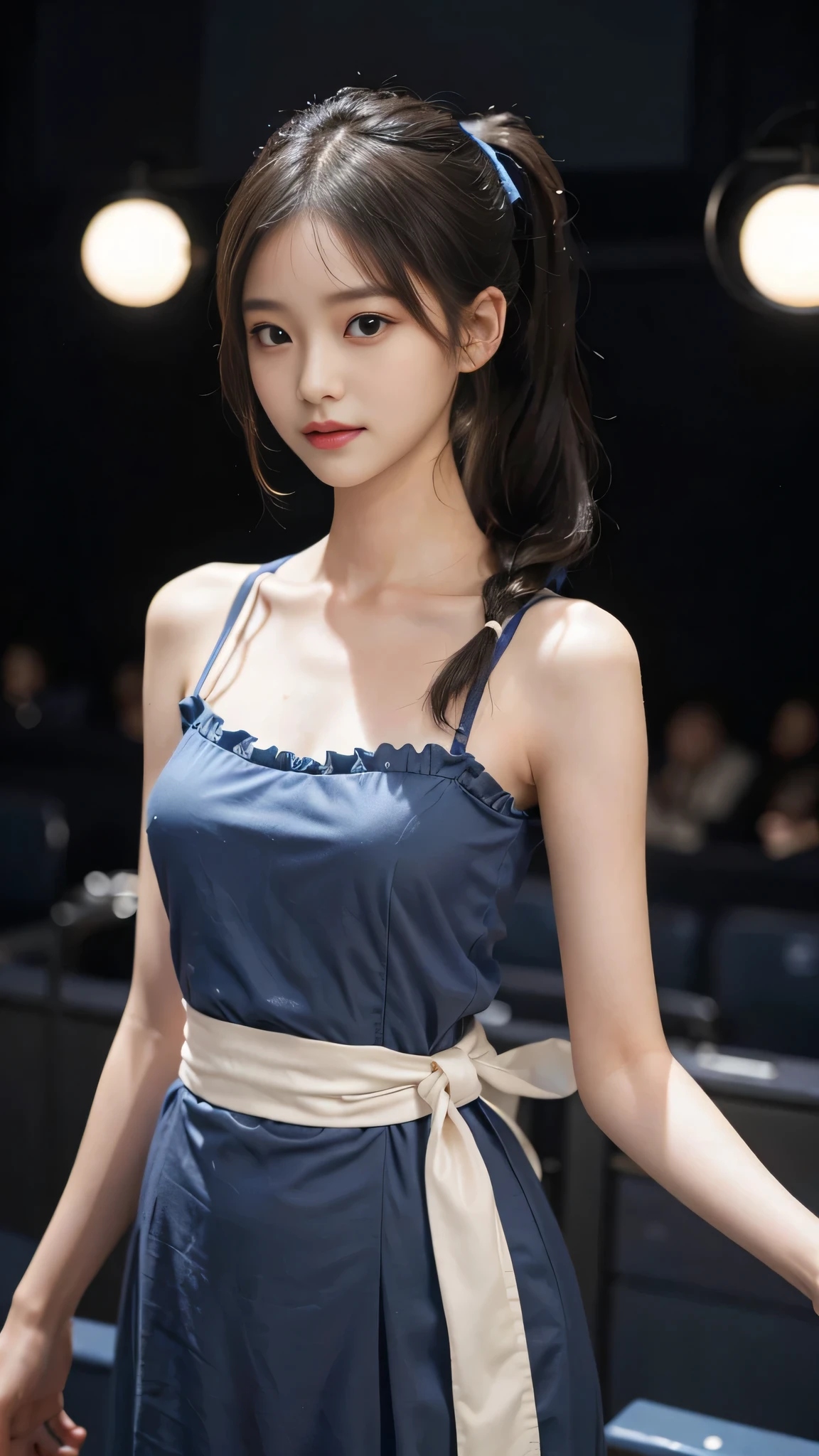 close up face,standing on stage,Blue colored long dress with lots of ruffles,One woman,masutepiece, The highest image quality, High quality, the background is clear,Beautiful woman, Japanese, Detailed, Detailed eyes, Detailed skin, Beautiful skin, 超hight resolution, (reality: 1.4),Very beautiful woman, Slightly younger face, Beautiful skin, slender, (Ultra photo realsisim), (hight resolution), (8K), (Very detailed) (beautifully detailed eyes), (super detailed), (Detailed face), view the viewer, Fine details, Detailed face, Staring straight ahead, Staring straight ahead, photos realistic, Bright lighting, Professional Lighting, Black hair,poneyTail,a ,fifteen ye is ponytail,long ponytail hairstyle,slight smile,neat and tidy clothing,Beautiful Japanese KPOP idol photo, hair style is ponytail, my eyes are double and wide, baby face, smile and look ahead, slender, small breasts,Blue ribbon on head,