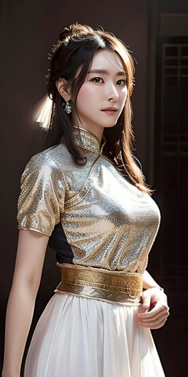 realistic, High resolution, soft light,1 female, alone, hip up, glowing skin, (detailed face), chinese armor