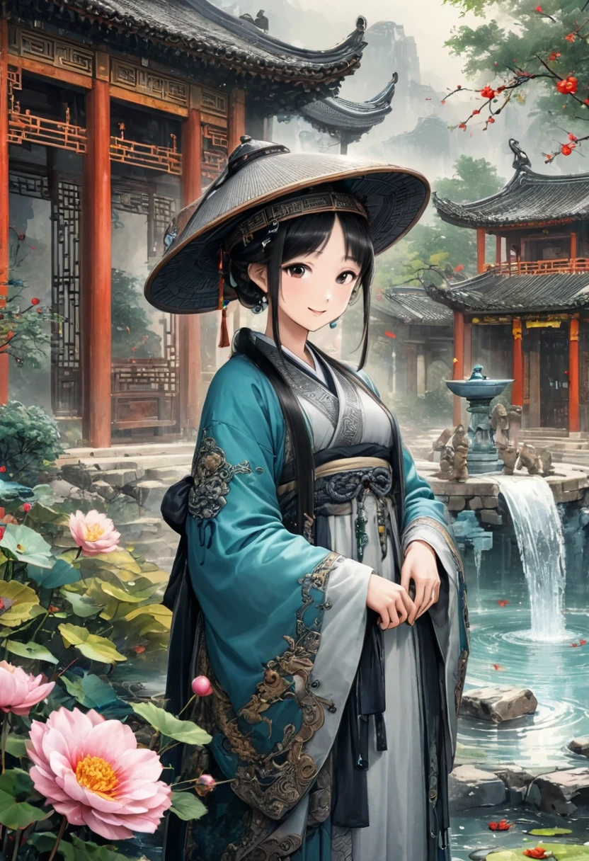 girl, city Fountain, hanfu, hat, smile, ink style, chinese style, (masterpiece, best quality, perfect composition, very aesthetic, absurdres, ultra-detailed, intricate details, Professional, official art, Representative work:1.3), (Animagine:0.01)