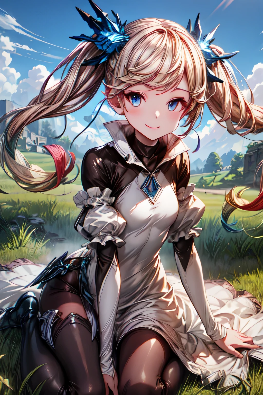 ioeuclase, hair ornament, white dress, black thighhighs, detached sleeves, wariza,grass,sky,smile, intricate eyes,beautiful detailed eyes,symmetrical eyes,big eyes:1.5, skinbodysuit, bodysuit.