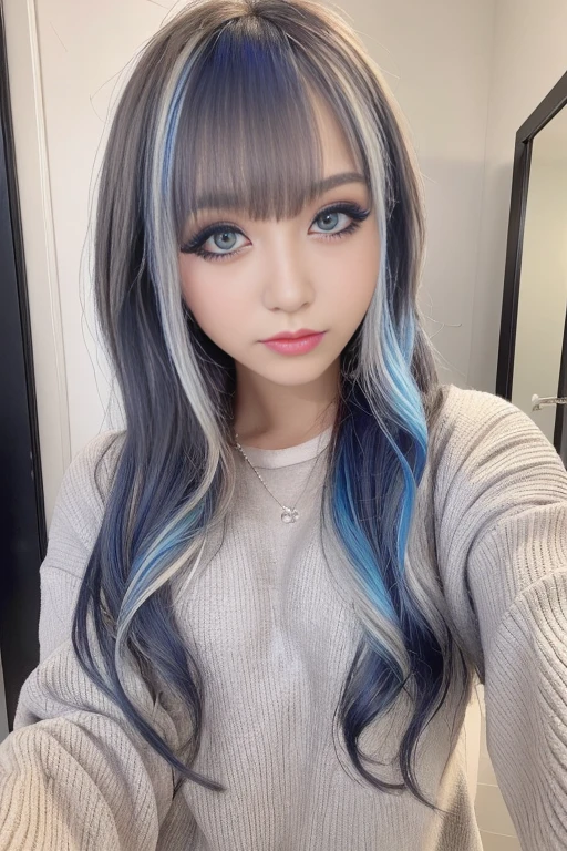 japanese girl, (thick eyeliner), blue hair, natural looking makeup, thick eyeshadow, extremally thin eyebrows, Highlighted eyes with eyeliner, wavy hair