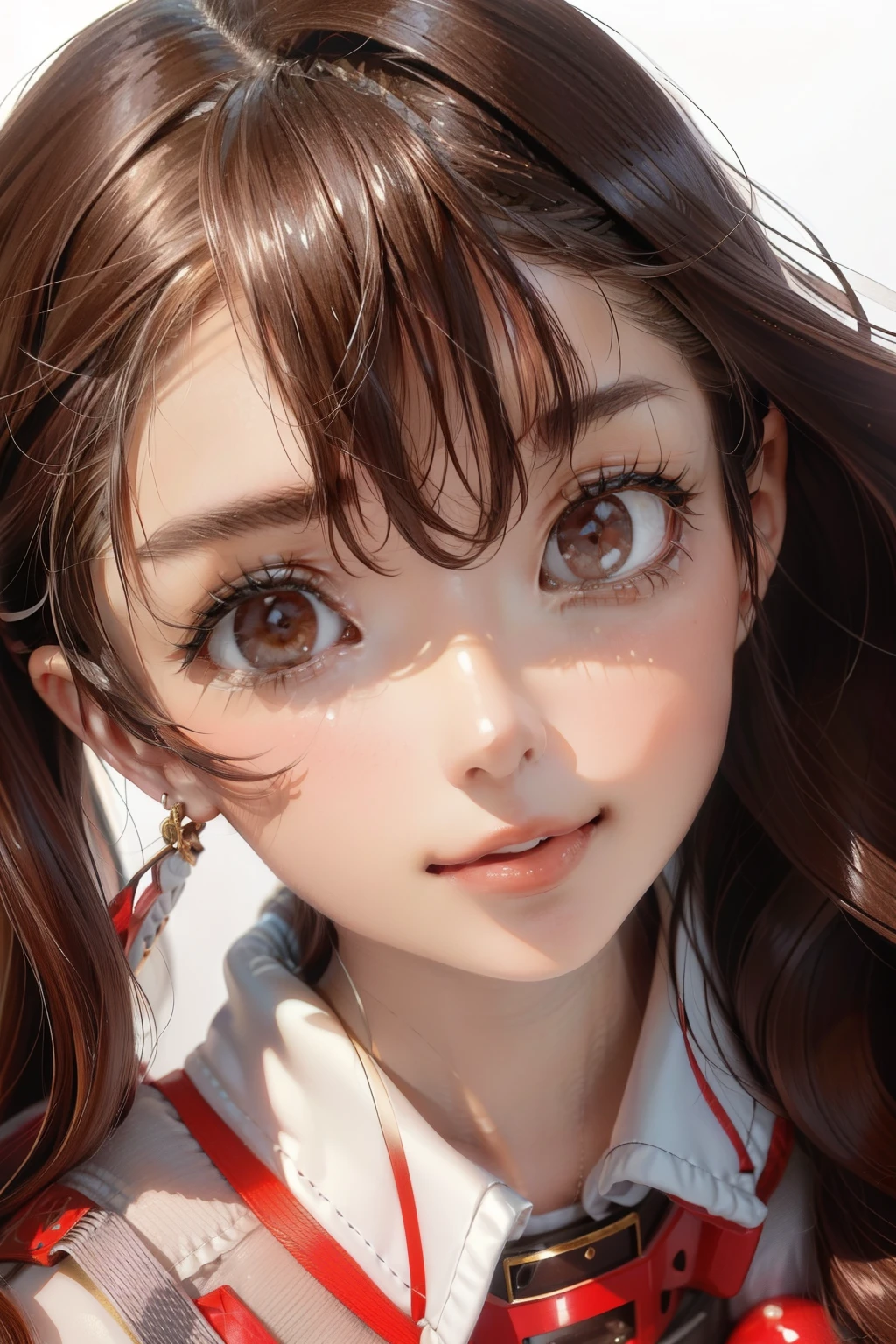 disorganized, High resolution, Super detailed, bust up shot, (1 girl: 1.3), portrait photography, pure white background, Beautiful brown hair with soft transparency, Cute big gray eyes with little power, Attractive mouth, compensate, Her bright red lips are striking, dramatic lighting, It&#39;s a little provocative though、とても優しいsmileで私を見つめる. Dress with white detail design、bride、smile、sexy look、Two-dimensional beautiful girl