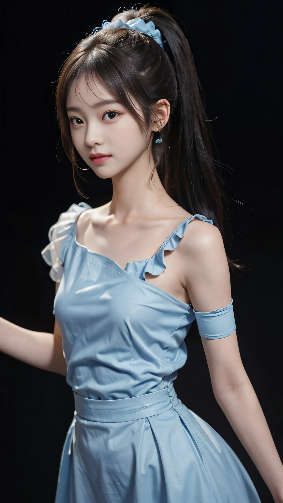 a lot of details, (underweight), 30 years old, detailed black hair, beautiful detailed hair, super fucking beautiful, delicate beautiful face, complex details beautiful and delicate eyes, perfect hands, (flat chest best quality:1.5), perfect and delicate limbs, detailed skin, best quality, ultra-detailed,(cheerful grin:1.5),
medium long shot, View from below, thick thighs, spread legs, spiked hair, off-shoulder jacket, short skirt, pale blue Clothes, God Light,
