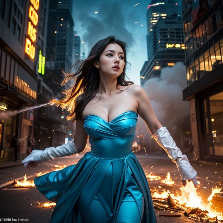 (highest quality、4k、8k、High resolution、master piece: 1.2)、Super detailed、(real、photorealistic、photorealistic: 1.37)、Destruction of a Great City、A telekinetic woman stands in front of a jellyfish robot controlled by an invader 、Women are young and beautiful、18-year-old、unparalleled beauty、Insert mental barriers to resist robot attacks、vibrant cityscape、Bright colors、Shining skyscrapers、busy street、Futuristic architecture and technology、Advanced holographic display、Neon light splashes 、dramatic lighting、intense shadow、Awe-inspiring power that exudes from women、Determination in His Eyes、An elegant flowing gown、Dynamic action in the wind、Reach out and rush towards the robot.、A powerful energy emanates from the hands、Blue glowing aura、sparks of electricity、electricity crackling in the air、A vortex of energy surrounding a woman、A fascinating and surreal atmosphere、A sense of danger and impending destruction、Background chaos and destruction、Crumbling buildings、flying debris、Smoke and flames、 The contrast between beauty and destruction、The war between technology and the extraordinary power of young women。