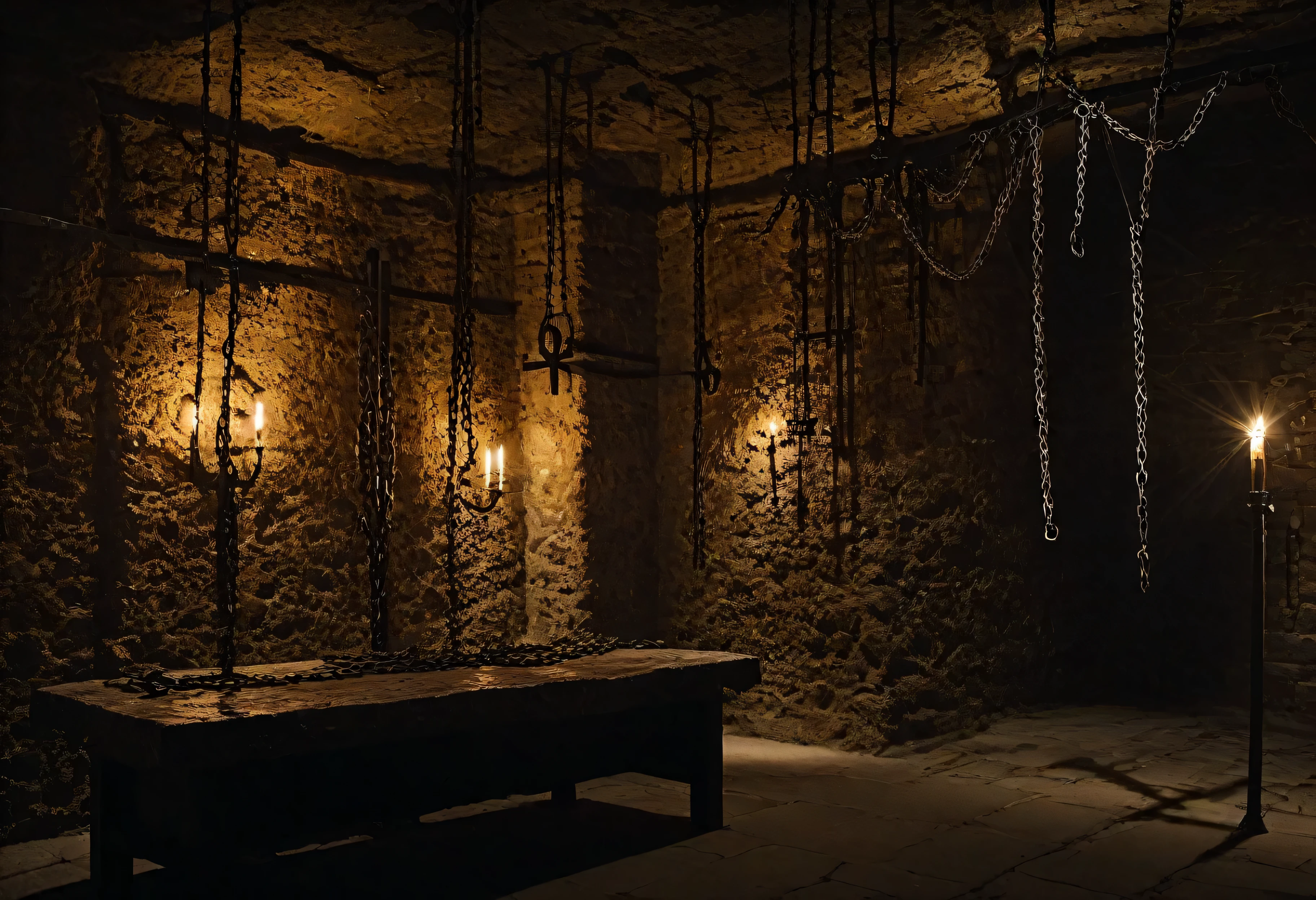 absolute realism, High quality real back photo of  dimly lit dungeon , brown stone masonry, whips hang on the wall, Andrews cross, torture devices placed on a table , furthest wall has two slave girls chained to the wall with hands tied above their heads. 