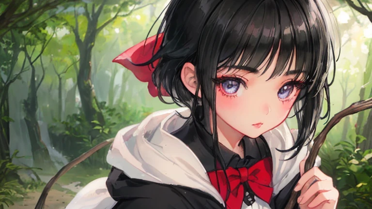 archer ??? girl,medium black hair,beautiful detailed eyes,detailed lips,holding her bow,shy and confident expression,adventurer's clothing,mystical background,soft natural lighting,vibrant colors