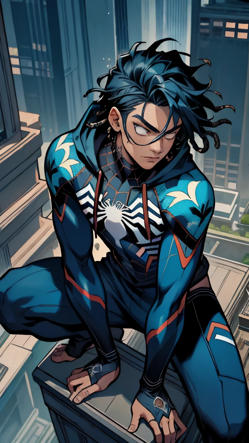 (masterpiece, best quality), intricate details, 8k, artstation, wallpaper, official art, splash art, sharp focus, high angle shot, shut from above
1boy, blue black two-tone colored dreadlocks hairstyle, tanned Caribbean-descendant, crouched beside large marble statue,
Techwear hoodie Spiderman suit, spider web print, spiderweb pattern sweatpants, web-shooters on wrists, arcane patterns, bioluminescent webs, cannabis fan leaf hair ornament,
Luxurious skyscraper rooftop garden, koi pond 