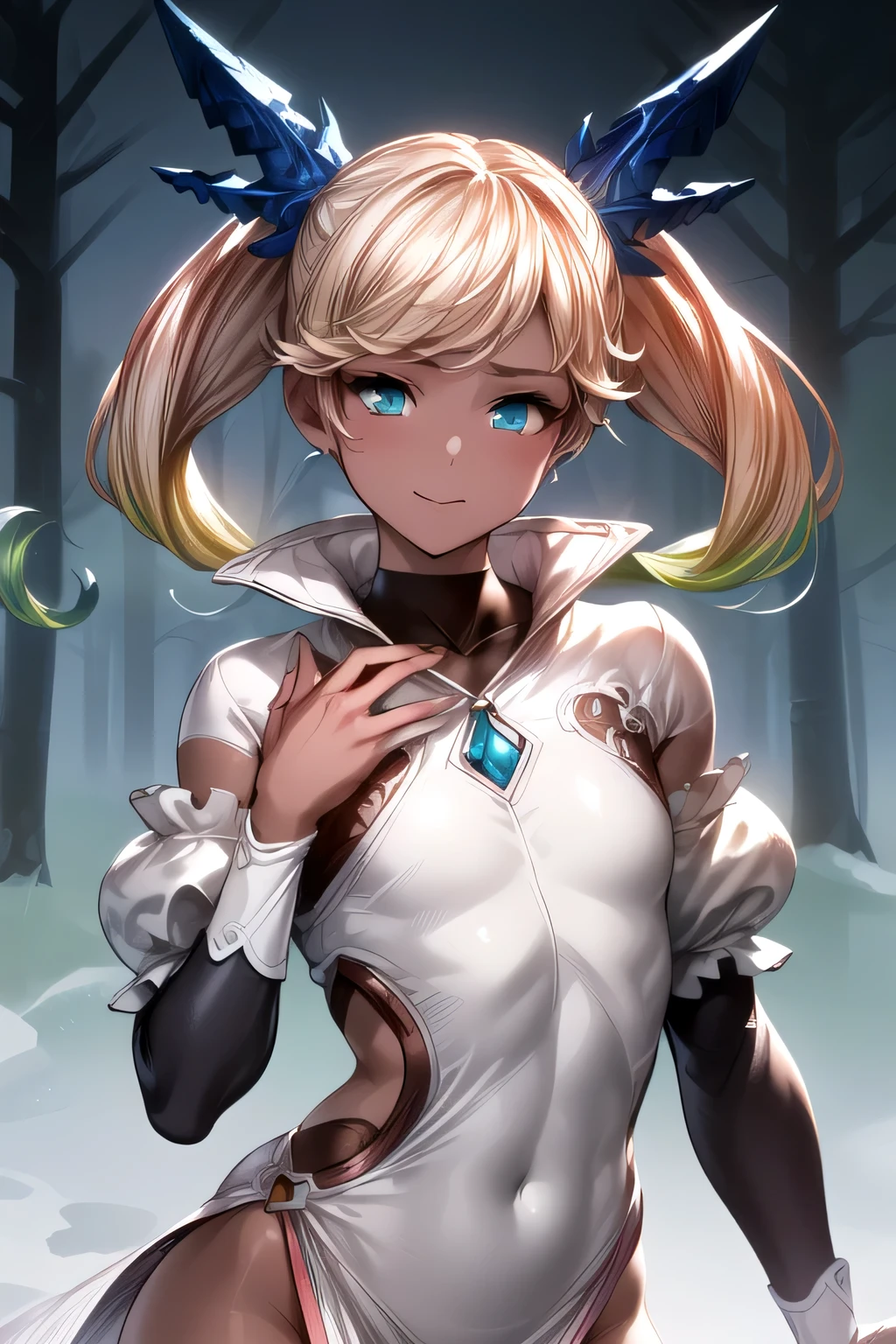 ioeuclase, hair ornament, white dress, black thighhighs, detached sleeves, wariza,grass,sky,smile, intricate eyes,beautiful detailed eyes,symmetrical eyes,big eyes:1.5,(((dark skin,dark_skin,lustrous skin:1.5,bright skin: 1.5,skin tanned,shiny skin,very shiny skin,shiny body,plastic glitter skin,exaggerated shiny skin,illuminated skin))),(,detailed body,(detailed face)), cute,slutty,erotic,daring,(((nsfw))), zettai ryouiki,revealing clothing,show skin,(((Sexy aqua fur coat, aqua fur coat outfit, wearing a ice dress:1.3,aqua winter coat))), ((ice dress,elegant ice dress)),(white gloves,white clothes,(((intricate outfit,intricate clothes,embroidered outfit,ornate outfit,embroidered clothes,ornate clothes))), (dynamic pose:1.0),embarrassed,(centered,scale to fit dimensions,Rule of thirds), Upper body, ((snowy pine forest)),winter,scenery:1.25,((intricate scenery)),((snow forest background)),Christmas tree, (Glossy winter ornaments),highres,sharp focus,(ultra detailed,extremely detailed),(photorealistic artwork:1.37),(extremely detailed CG unity 8k wallpaper),(((vibrant colors,vibrant theme))),(intricate),(masterpiece),(best quality),
