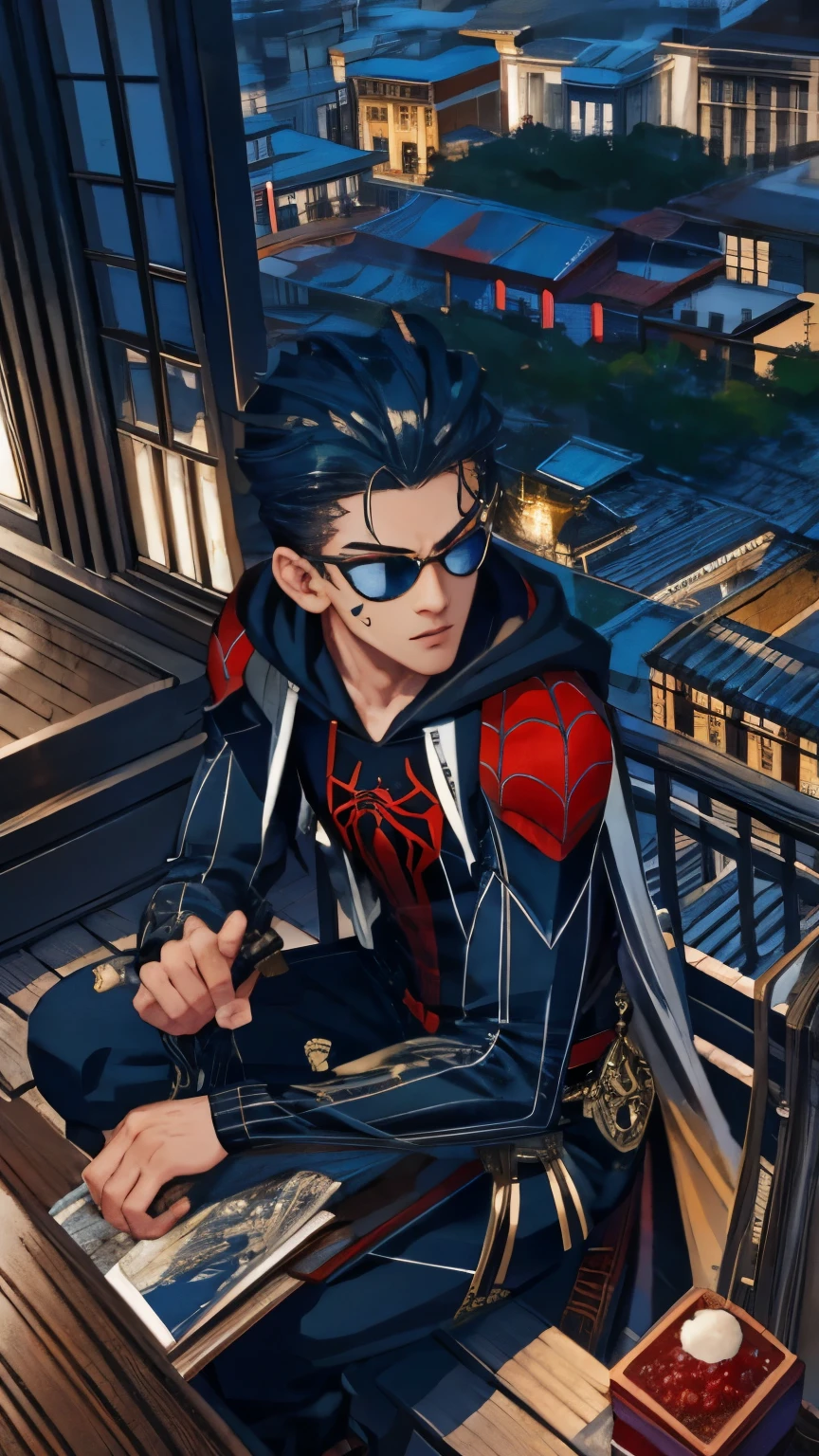 (masterpiece, best quality), intricate details, 8k, artstation, wallpaper, official art, splash art, sharp focus, high angle shot, shut from above
1boy, blue black two-tone colored dreadlocks hairstyle, tanned Caribbean-descendant, crouched on corner of building,
Techwear hoodie Spiderman suit, spider web print, spiderweb pattern sweatpants, web-shooters on wrists,
Luxurious skyscraper rooftop garden, koi pond 